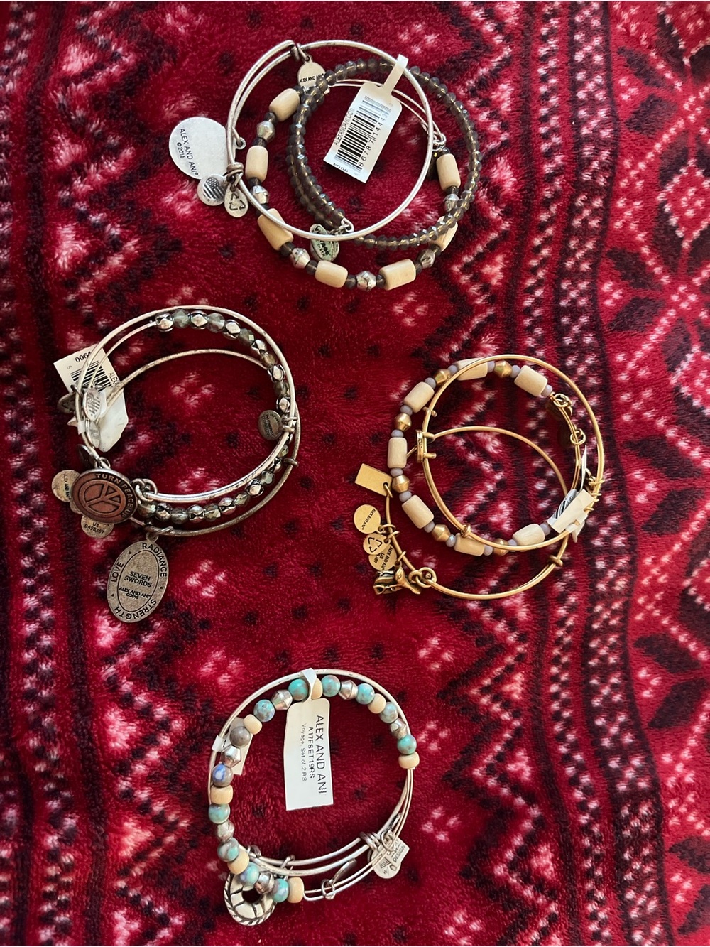 Alex and Ani multi-set bracelets with turquoise, beige, gold and silver accents